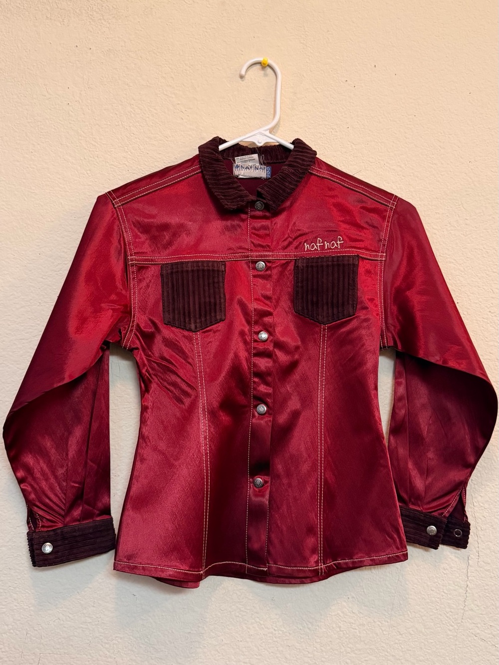 NAF NAF Red Satin Button-Front Shirt with Dark Corduroy Trim